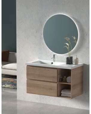 Mueble de Baño ZEUS con lavabo desplazado a izquierda y espejo LED Estepa 90 cm