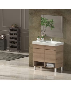 Mueble de Baño NEBARI, lavabo y espejo 80x40Cm con puertas Estepa