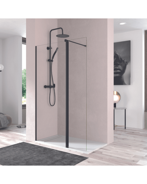 Mampara ducha puerta abatible pivotante 100cm + 40cm transparente negro