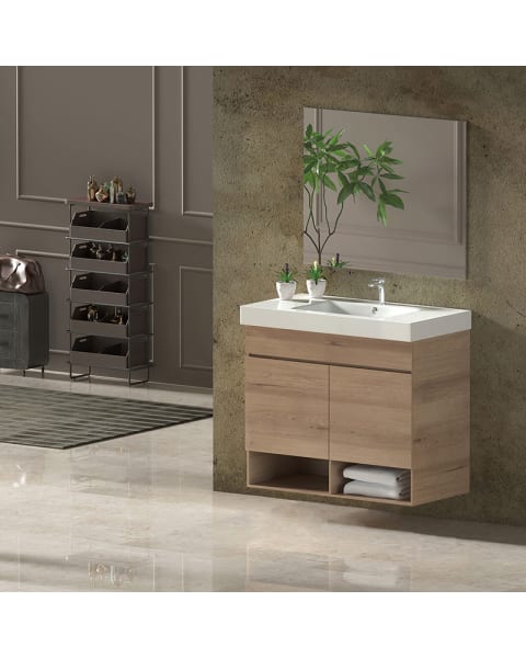 Mueble de Baño NEBARI, lavabo y espejo 50x40Cm con cajón Estepa