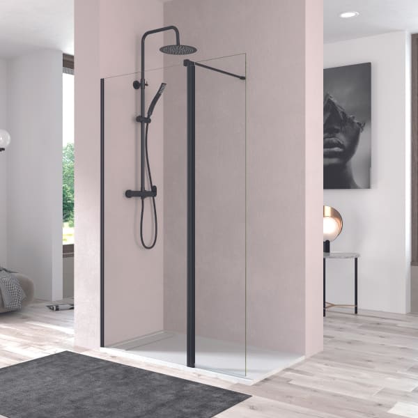 Mampara ducha puerta abatible pivotante 100cm + 40cm transparente negro