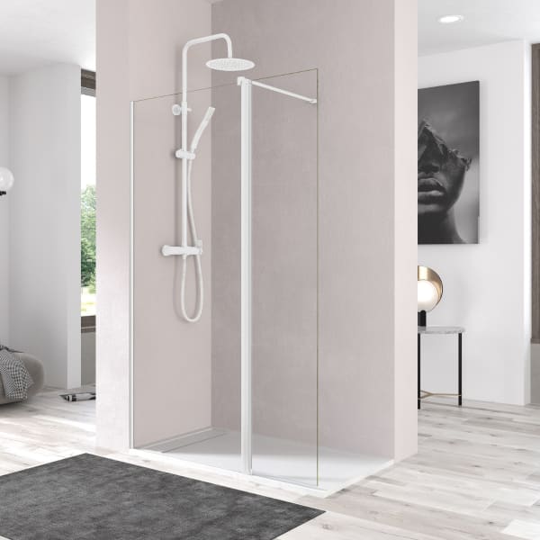 Mampara ducha puerta abatible pivotante 90cm + 40cm transparente blanco