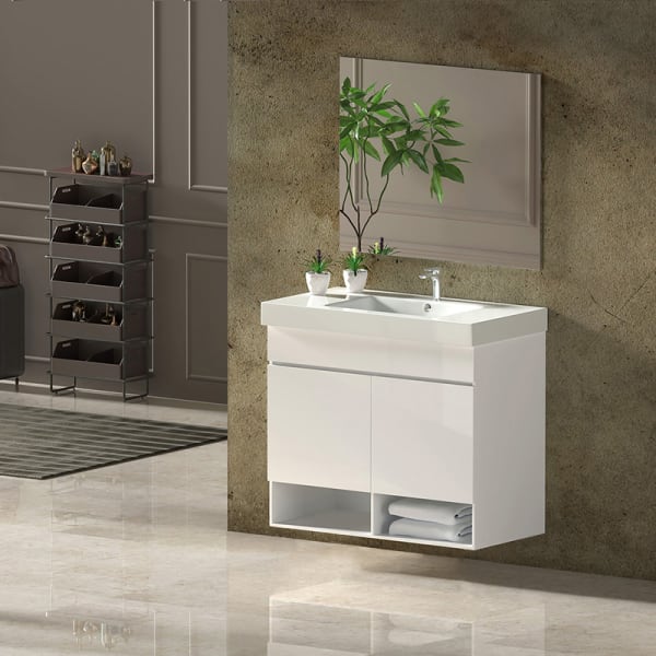 Mueble de Baño NEBARI, lavabo y espejo 100x45Cm con puertas Blanco Brillo