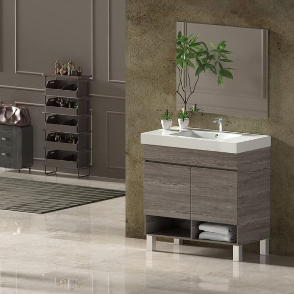 Mueble de baño nebari, lavabo y espejo 80x45cm con puertas roble smoky