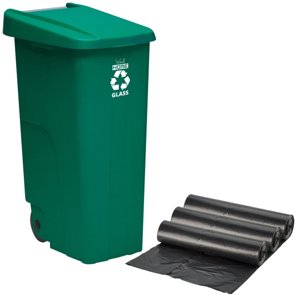 WellHome Contenedor + 3 Pack Bolsas de reciclaje , Verde 110L