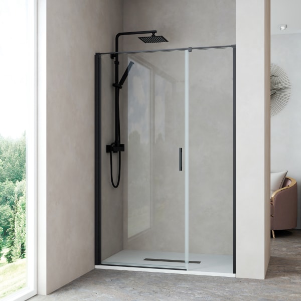 Mampara ducha frontal 1 puerta abatible 1 fijo 70cm transparente negro