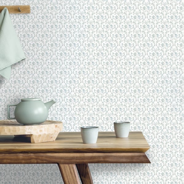 Papel pintado texturizado tnt ogee floral turquesa, azul y beige