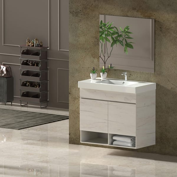 Mueble de Baño NEBARI, lavabo y espejo 90x45Cm con puertas Blanco Nórdico