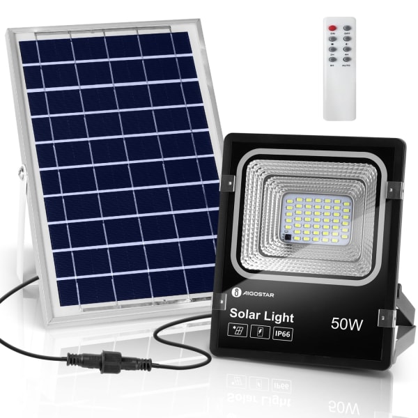 Aigostar foco proyector led solar con mando a distancia，50w，6500k ip66，2m