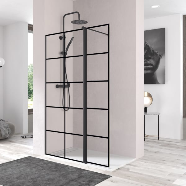 Mampara ducha puerta abatible 100cm + 40cm cuadrículas negro