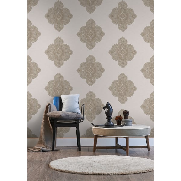 Papel pintado tnt medallón damasco dorado y gris