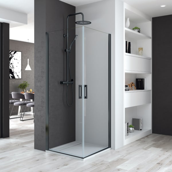 Mampara ducha 2 puertas abatibles 75 + 75cm transparente negro