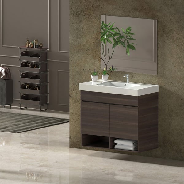 Mueble de baño nebari, lavabo y espejo 120x45cm 1 seno con cajón fresno tea
