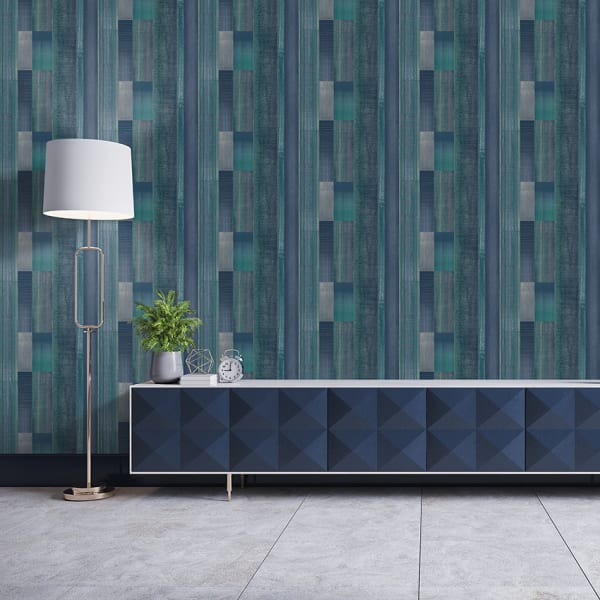 Papel pintado texturizado tnt tablas madera envejecida azul