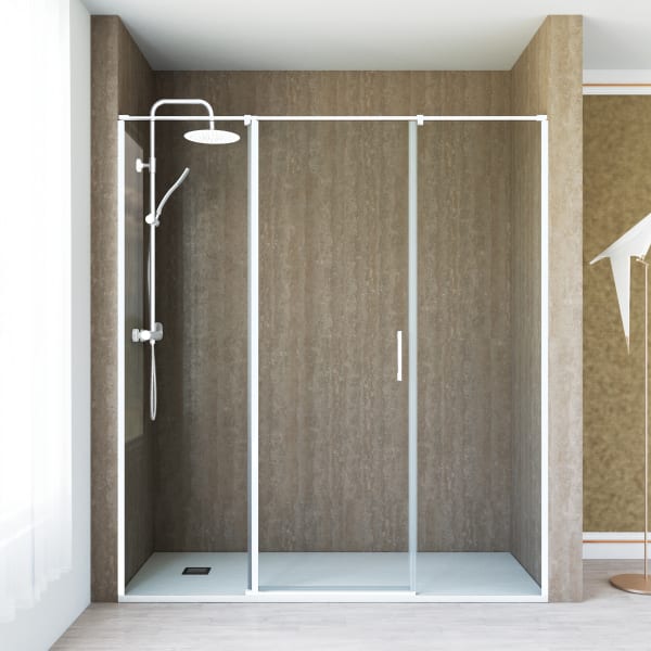 Cabina duche 1 porta  batente 2 painéis fixos 110cm transparente branco