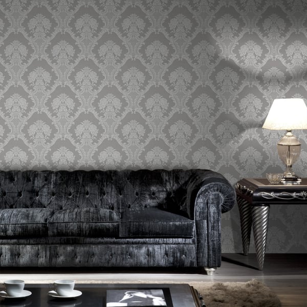 Papel pintado texturizado tnt damasco textil en dos tonos seda gris