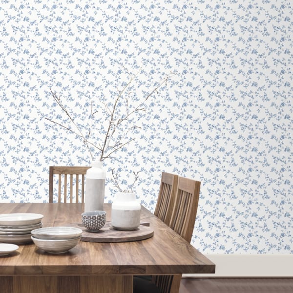 Papel pintado texturizado tnt delicado floral azul