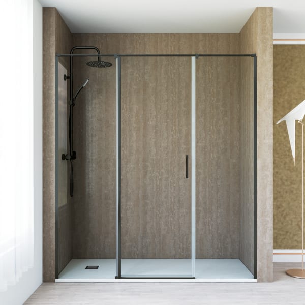 Mampara ducha 1 puerta abatible 2 fijos 160cm transparente negro