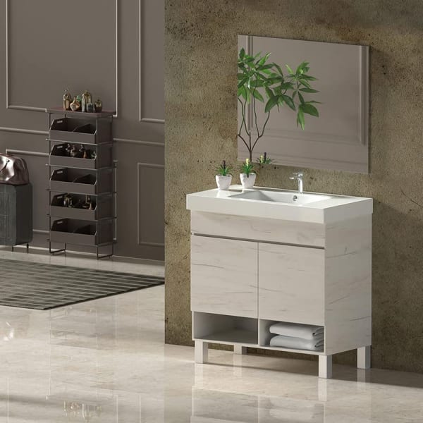 Mueble de Baño NEBARI, lavabo y espejo 100x40Cm con cajón Blanco Nórdico