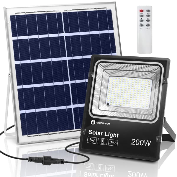 Aigostar foco proyector led solar con mando a distancia，200w，6500k ip66，2m