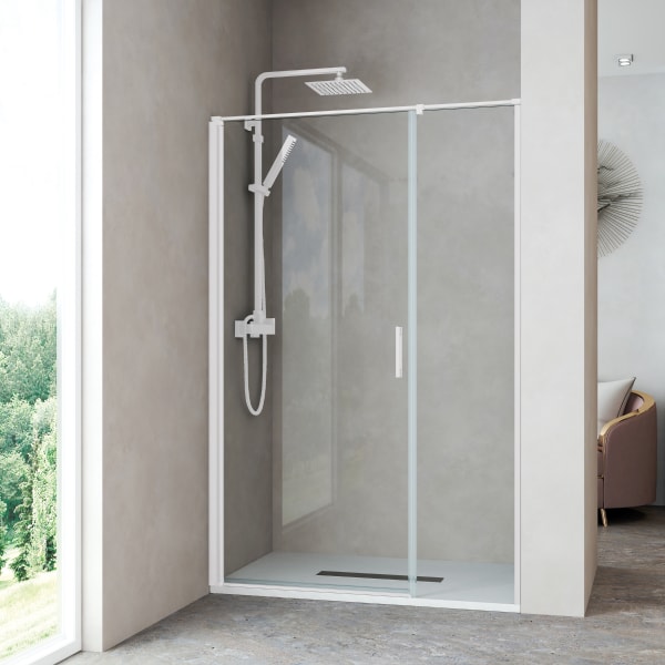 Mampara ducha frontal 1 puerta abatible 1 fijo 105cm transparente blanco
