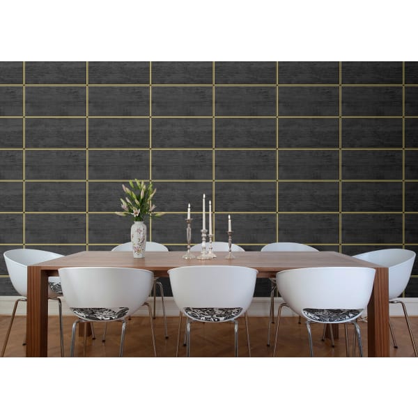 Papel pintado tnt cuarterones de madera wooden panel negro y oro