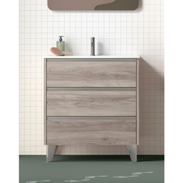 Mueble de baño al suelo con lavabo cerámico | 80 cm - pino gris