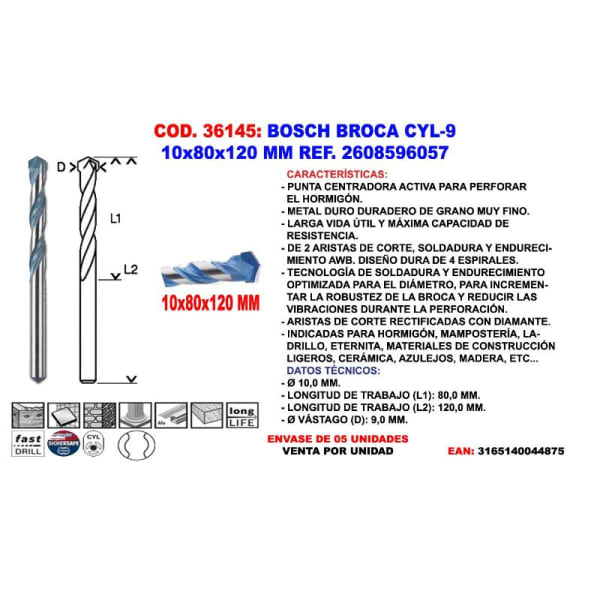 Bosch broca cyl-9  10x  80x120 mm 2 608 596 057 (2608900626)