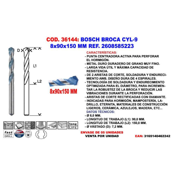 Bosch broca cyl-9    8x  90x150 mm 2 608 585 223 (2608900622)