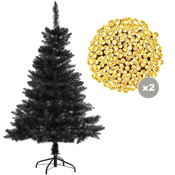 Árbol de Navidad floreciente negro 210cm + 2 guirnaldas 48 LED
