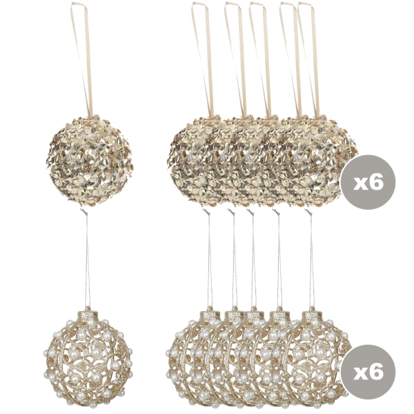 Pack 6 Bolas doradas purpurina + 6 Bolas doradas con perlas incrustadas 8cm
