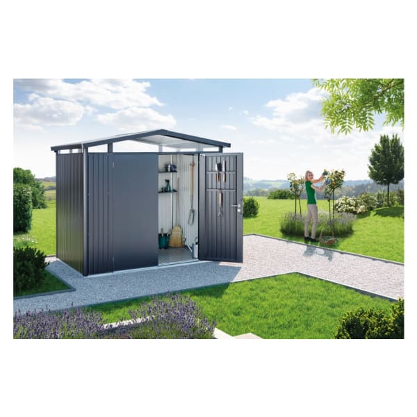 CASETA METALICA BIOHORT JARDIN PANORAMA P1 DOBLE PUERTA COLOR GRIS OSCURO