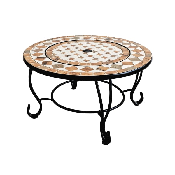 Mesa redonda cerâmica em marrmore com braseiro e churrasqueira