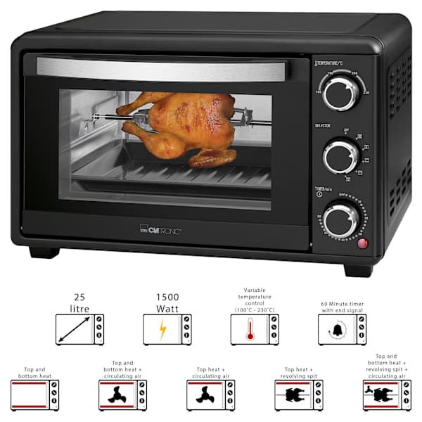 Horno convección sobremesa, 25l,  asador gira clatronic mbg 3727 negro 1500