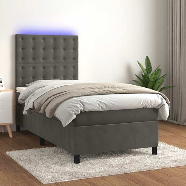Cama box spring 100x200 cm, colchón y LED terciopelo gris oscuro rhu4606