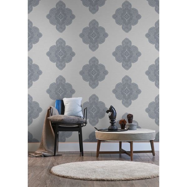 Papel pintado tnt medallón damasco azul y gris
