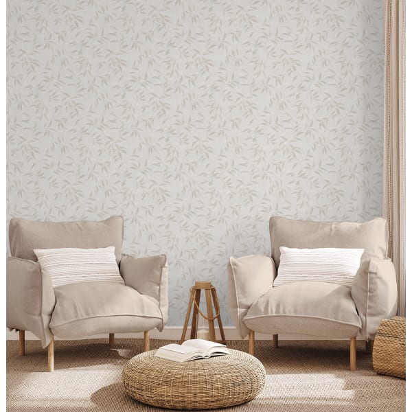 Papel pintado tnt autoadhesivo hojas etéreas gris y beige 53x600 cm