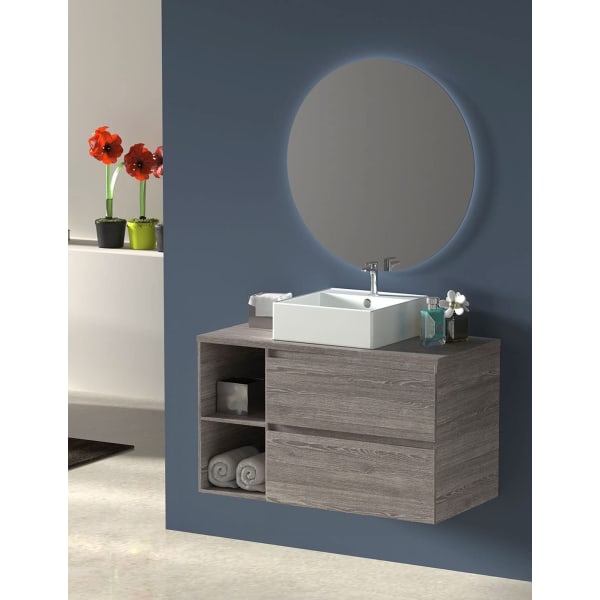 Mueble de baño zeus con lavabo y espejo redondo LED roble smoky 80 cm