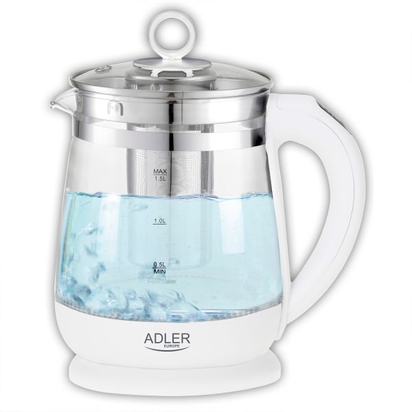 Hervidor agua eléctrico 1,5l, jarra cristal,  adler ad 1299 blanco 2200w