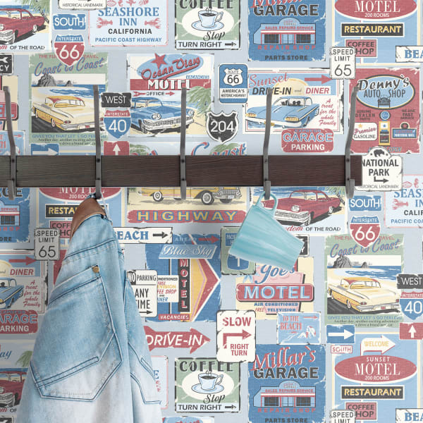 Papel pintado etiquetas vintage de la ruta 66 multicolor