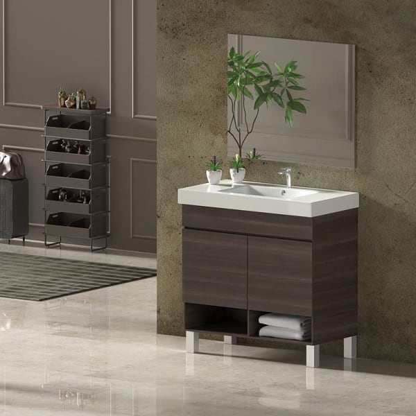 Mueble de baño nebari, lavabo y espejo 90x45cm con puertas fresno tea