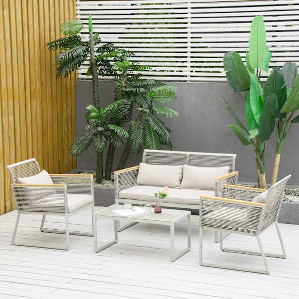 Conjunto de muebles de ratán metal, ratán pe, poliéster color gris