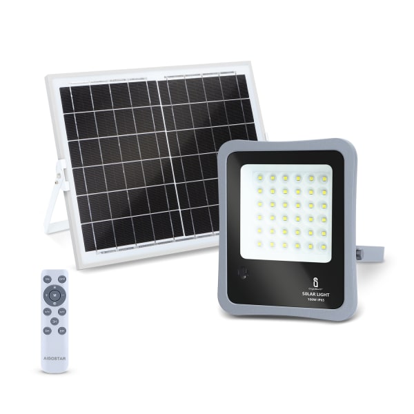 Aigostar Foco proyector LED solar con mando a distancia, 100W, 6500K IP65