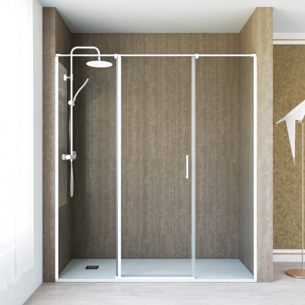 Mampara ducha 1 puerta abatible 2 fijos 150cm transparente blanco
