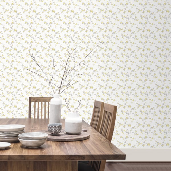 Papel pintado texturizado tnt delicado floral amarillo y gris