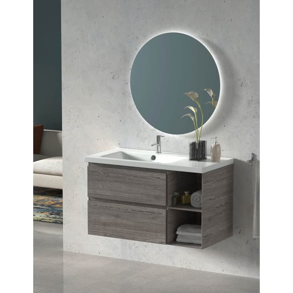 Mueble de Baño ZEUS con lavabo desplazado a izquierda y espejo LED Blanco Brillo 90 cm