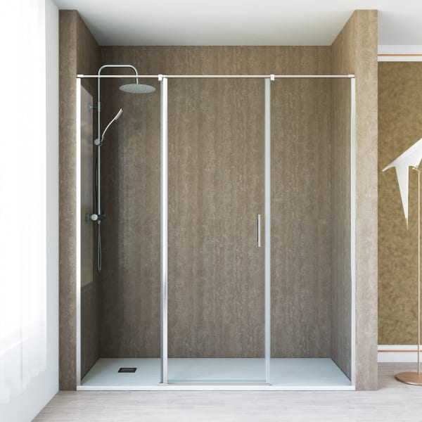 Mampara ducha 1 puerta abatible 2 fijos 180cm transparente cromo