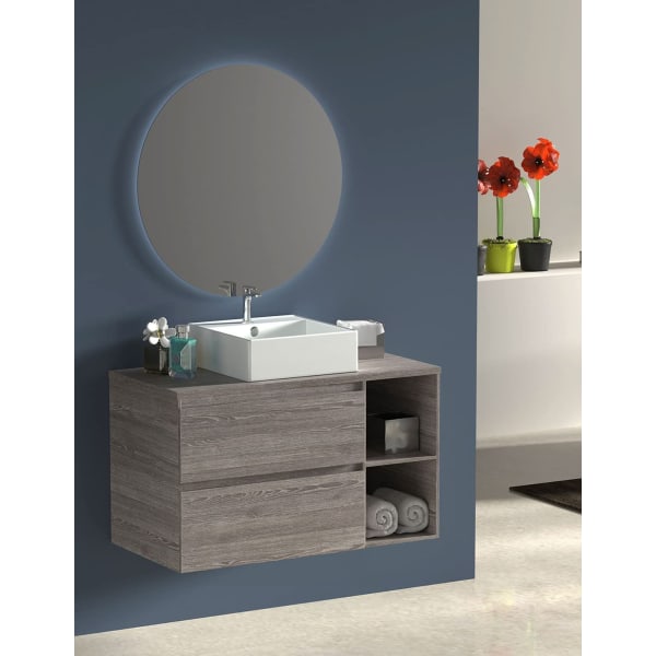 Mueble de baño zeus con lavabo y espejo redondo LED roble smoky 80 cm