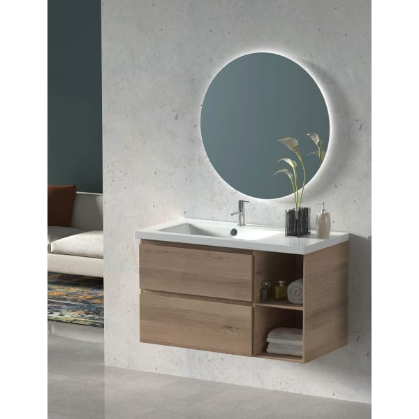 Mueble de Baño ZEUS con lavabo desplazado a izquierda y espejo LED Estepa 90 cm