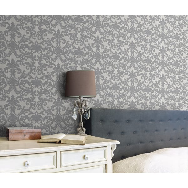 Papel pintado texturizado tnt damasco brocado en seda gris